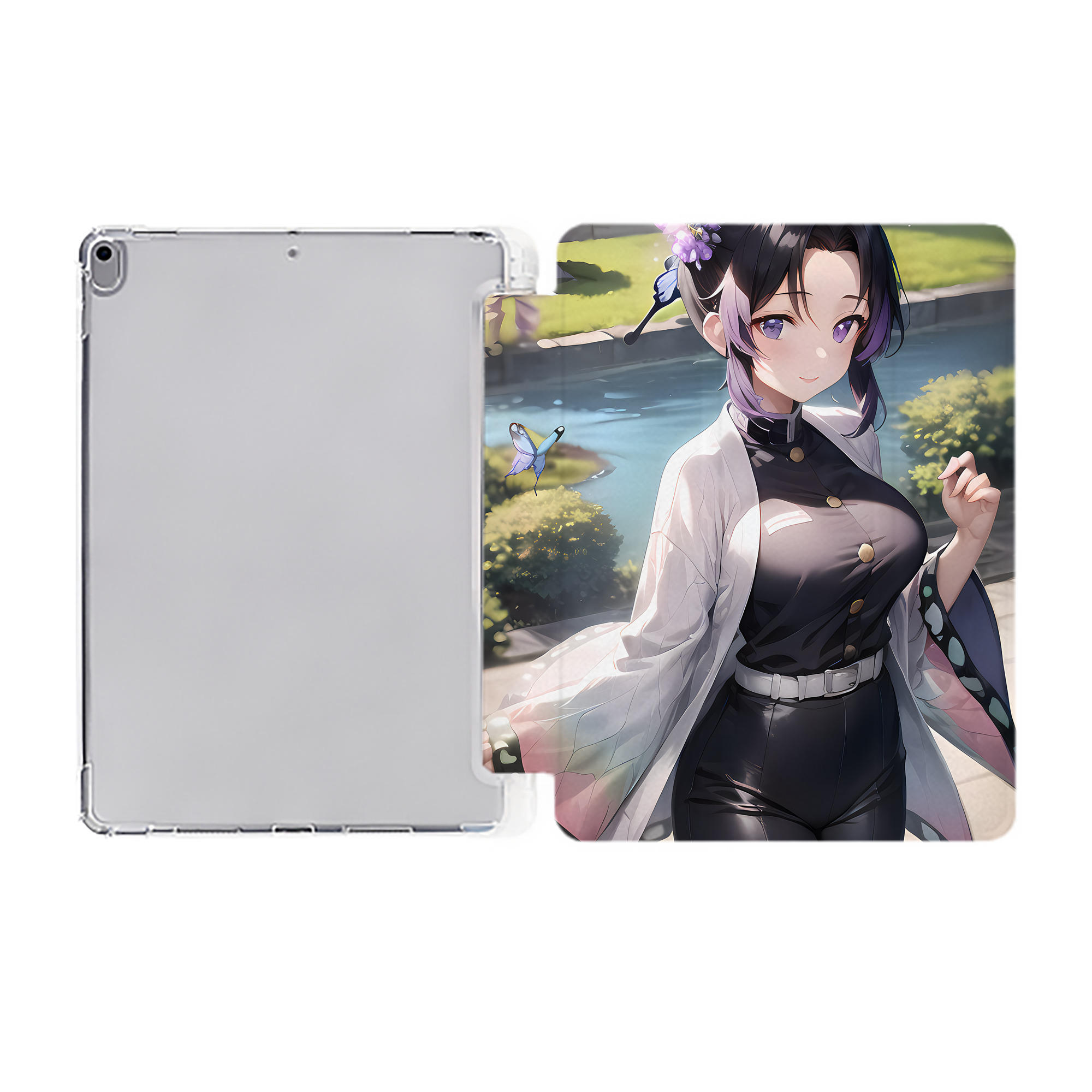 （画像用） 鬼滅の刃（きめつのやいば）蟲柱-胡蝶 しのぶ／こちょう しのぶ Kochou Shinobu IPad ケース ペン収納付き 三つ折りスタンド PUレザー×シリコン 対応機種9.5/10.5/10.9インチ